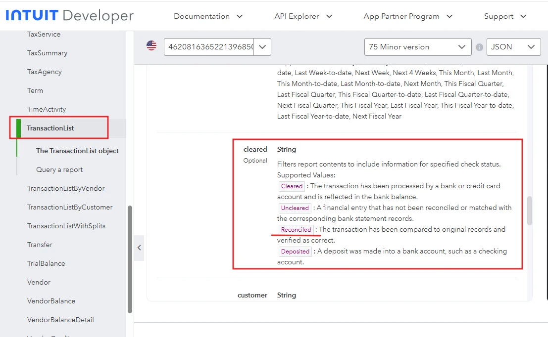 Intuit QuickBooks API TransactionList documentation showing cleared, uncleared, reconciled, and deposited status