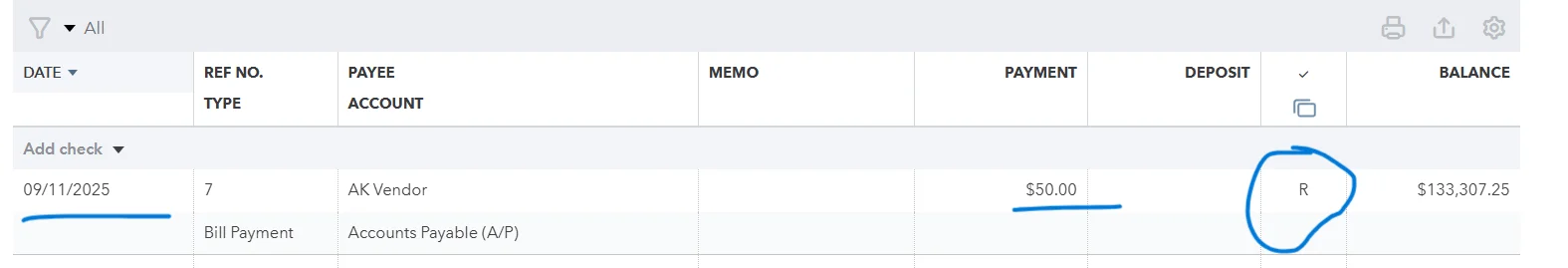 QuickBooks bill payment entry showing vendor payment of $50 with reconciled status and updated account balance