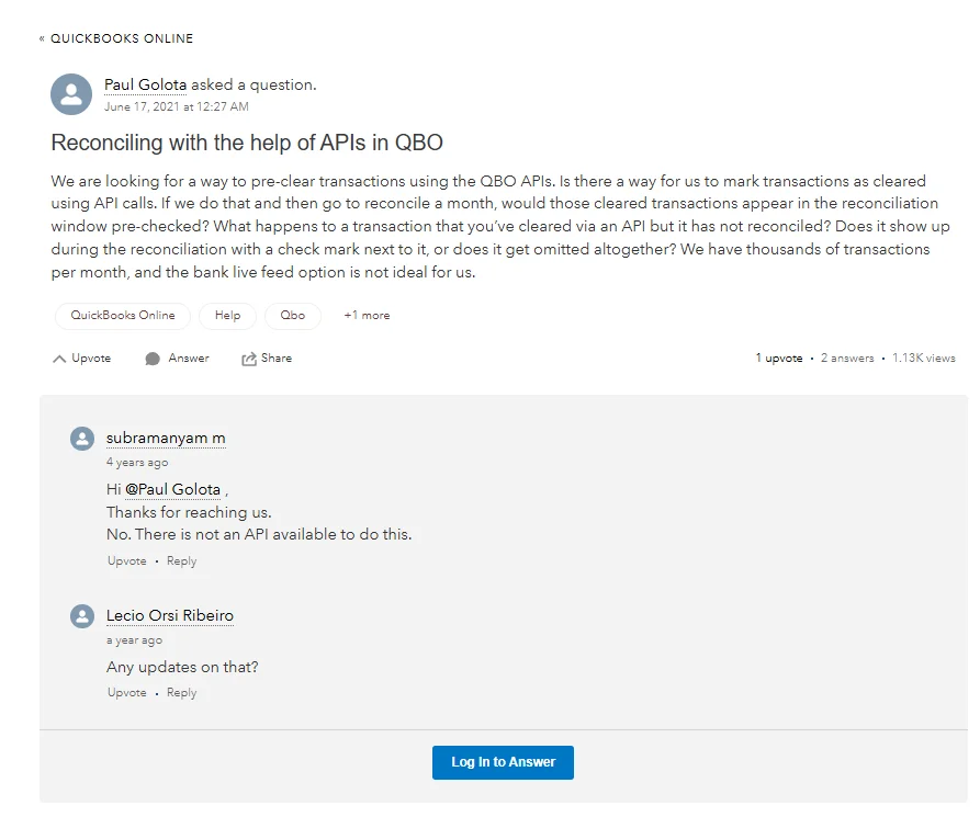 QuickBooks Online community discussion on using APIs for reconciliation and marking transactions as cleared