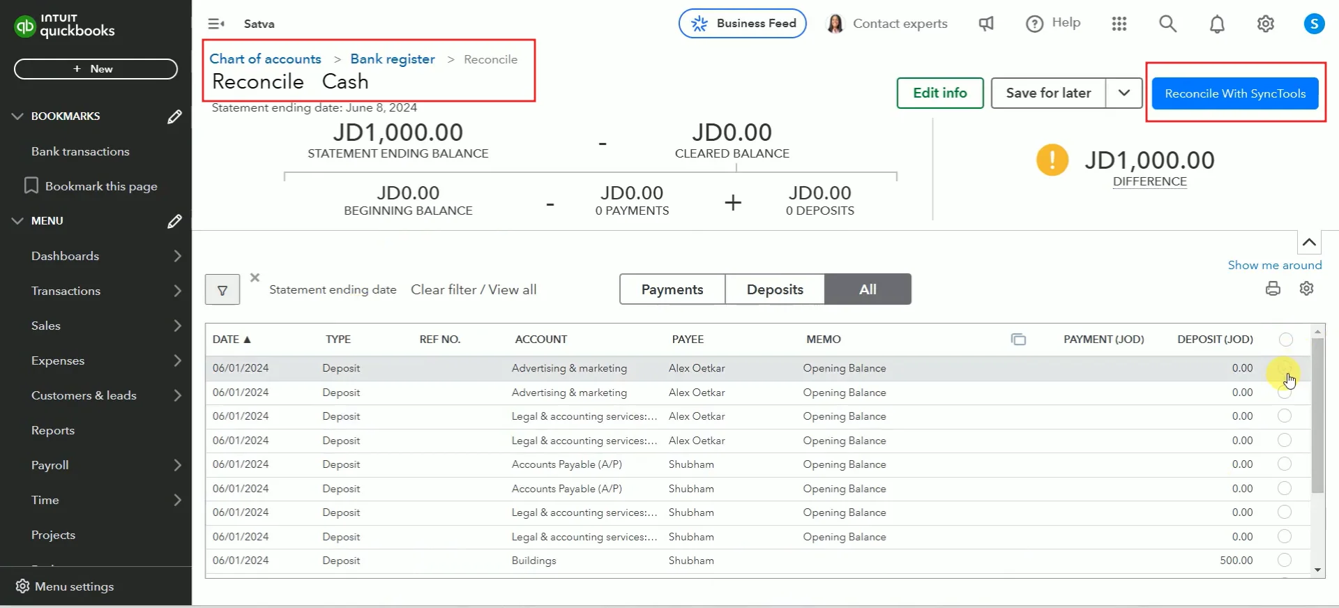 QuickBooks Online reconcile cash screen with SyncTools integration option for automated reconciliation