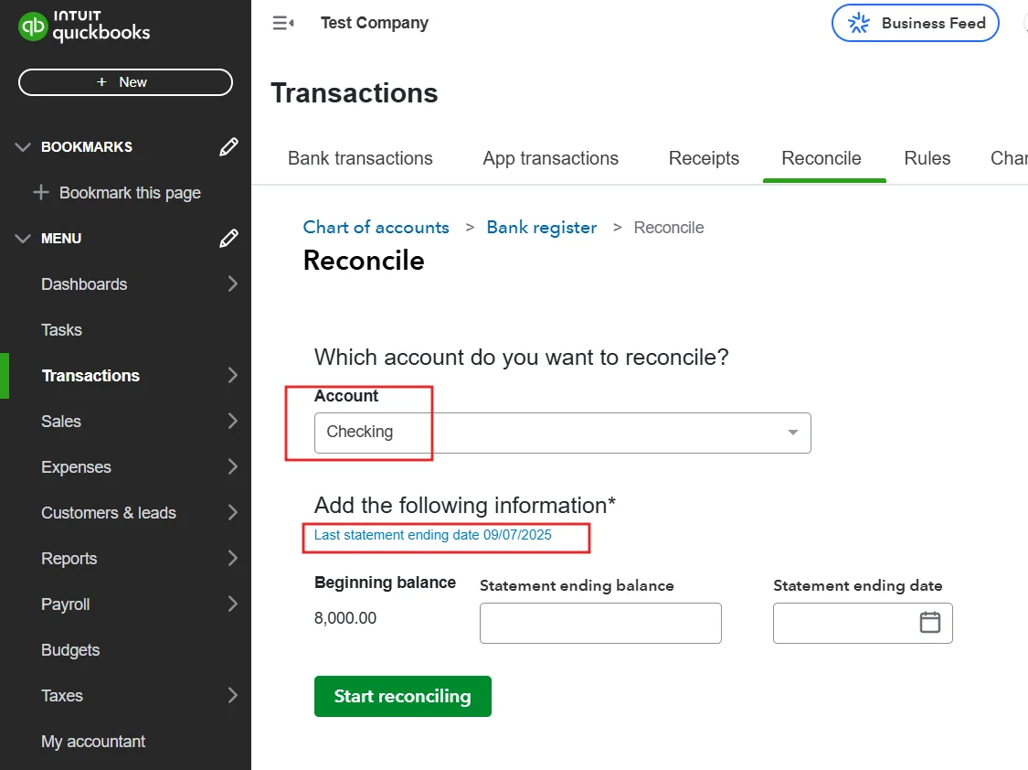 QuickBooks Online reconciliation screen selecting checking account with statement ending date September 7 2025