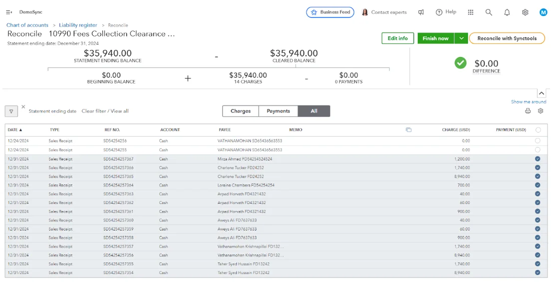 QuickBooks Online reconciliation screen showing fees collection clearance with SyncTools integration balance matched