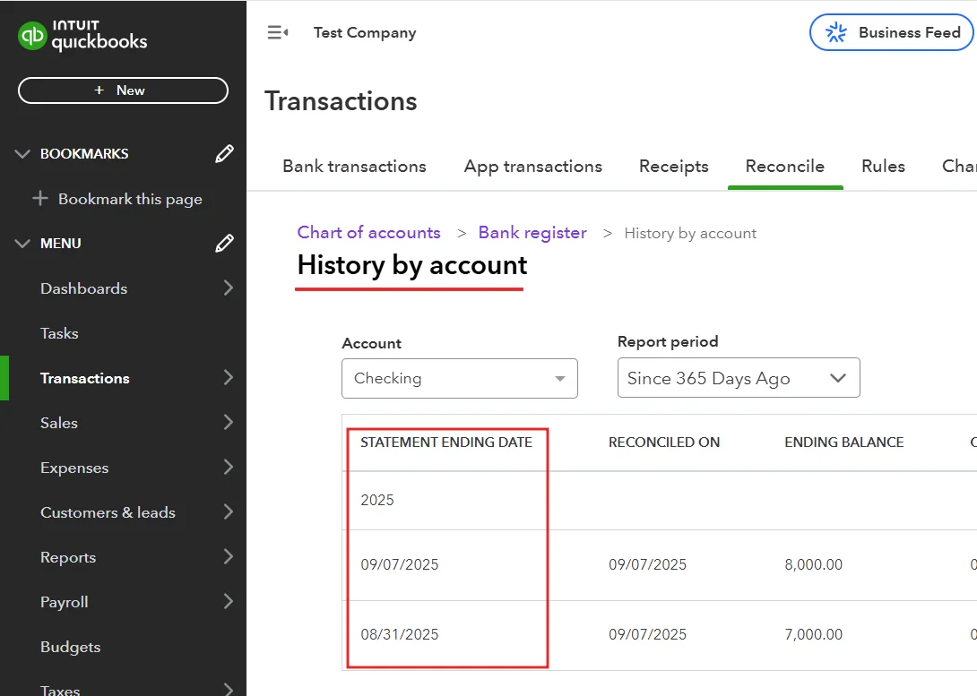 QuickBooks Online reconciliation history by account showing checking account statement ending dates for 2025