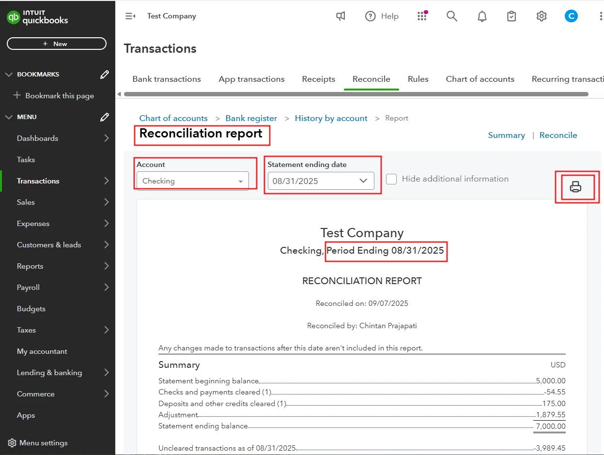 QuickBooks Online reconciliation report for checking account with statement ending date August 31 2025 summary details