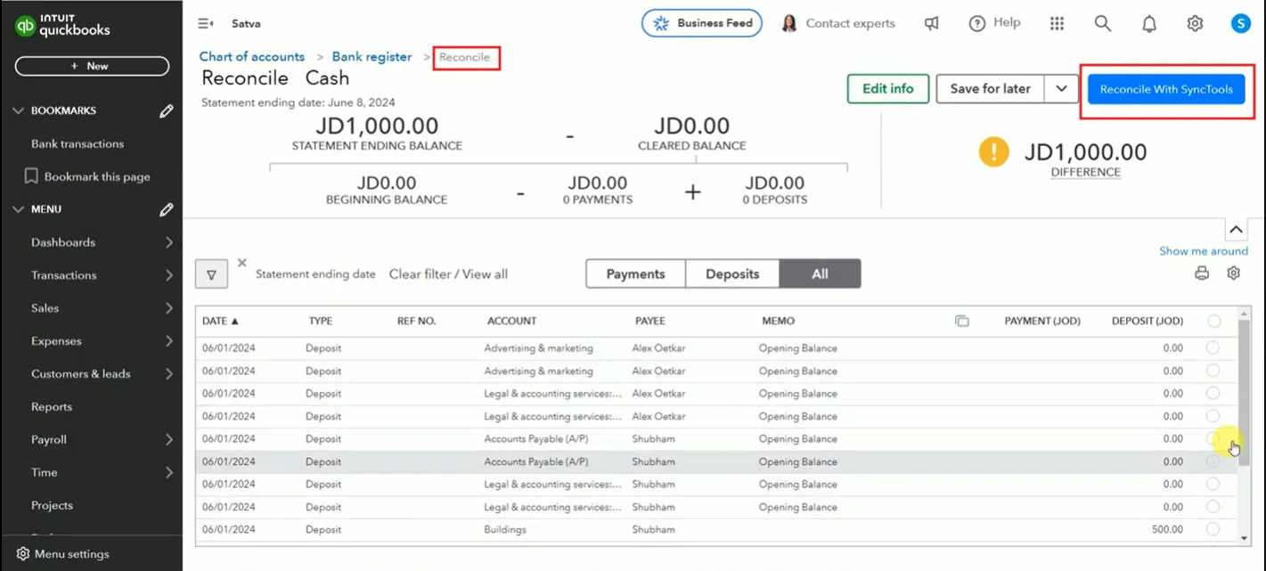 QuickBooks Online reconciliation screen with SyncTools integration showing deposits and statement balance