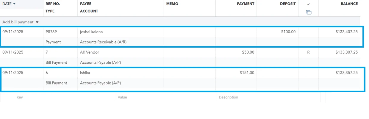 QuickBooks transaction list showing payments and bill payments with accounts receivable and accounts payable details