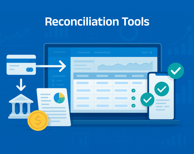Illustration of reconciliation tools showing laptop, mobile app, bank, and reports for automated financial matching 2025