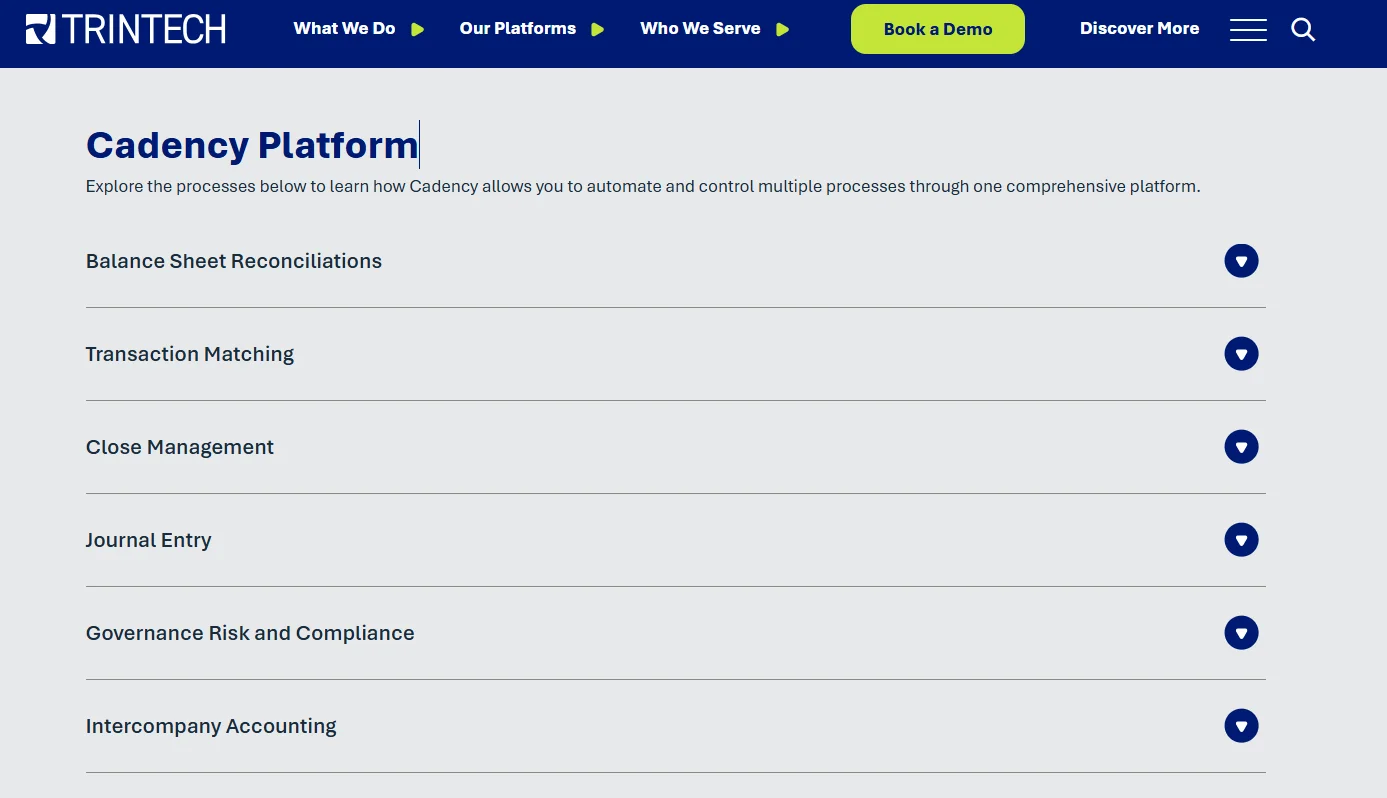 Trintech Cadency Platform dashboard for balance sheet reconciliations, transaction matching, close management, and compliance