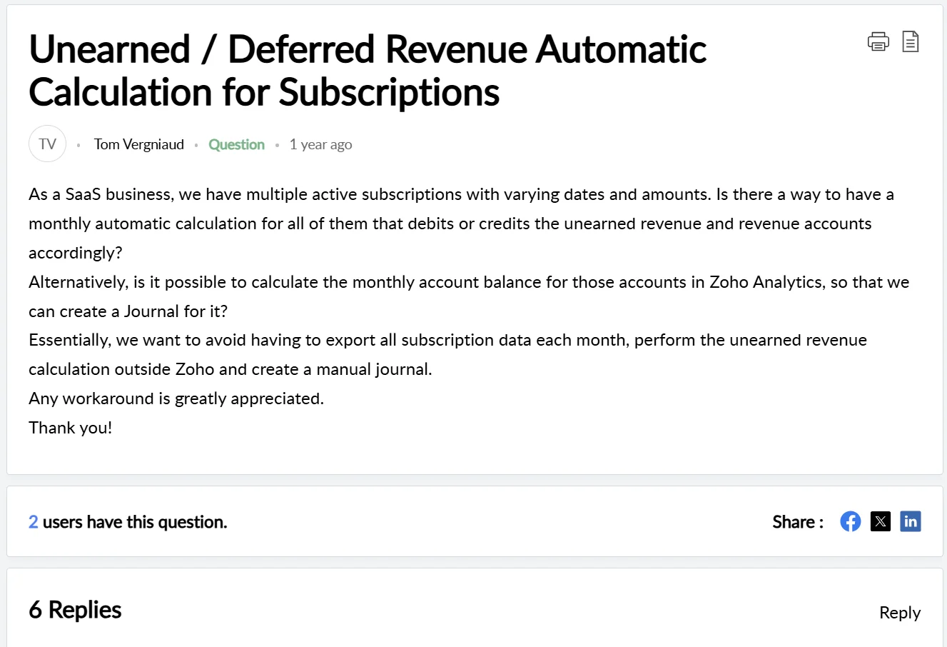 Zoho community post discussing unearned deferred revenue automatic calculation for SaaS subscription accounting