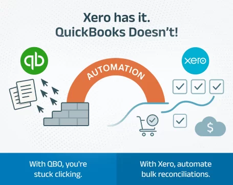Xero vs QuickBooks illustration showing automation advantage with Xero bulk reconciliations compared to manual QBO- Satva Solutions Blogs