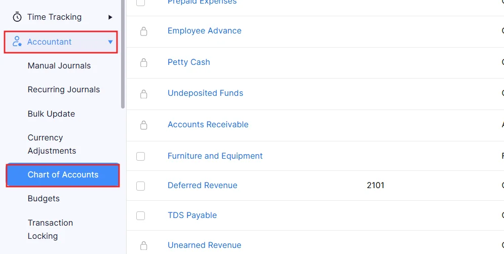 Zoho Books accountant menu showing chart of accounts with deferred revenue and unearned revenue accounts list
