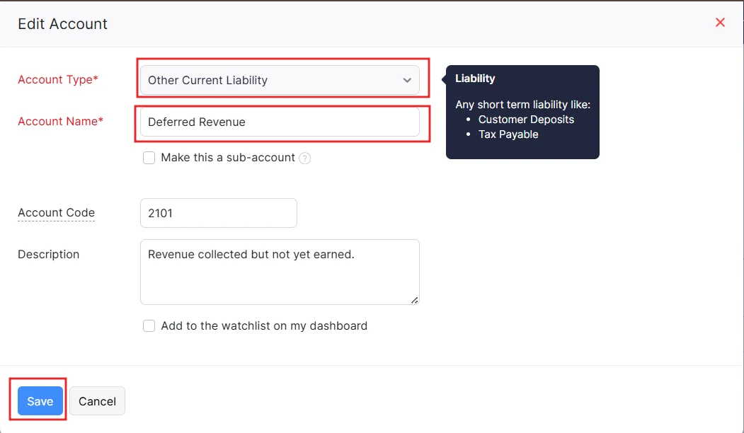 Zoho Books edit account screen showing deferred revenue setup under other current liability with save option