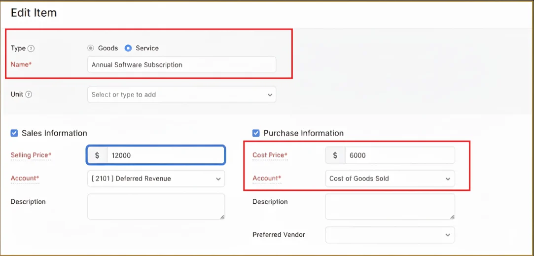 Zoho Books edit item screen showing annual software subscription setup with deferred revenue and COGS accounts