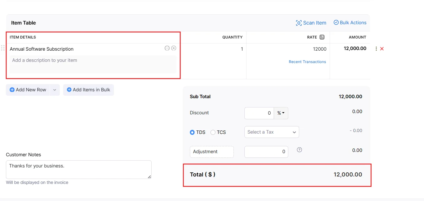 Zoho Books invoice item table showing annual software subscription with total amount of 12000 dollars
