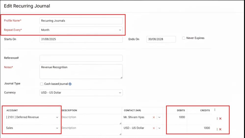 Zoho Books edit recurring journal for revenue recognition with deferred revenue and sales accounts monthly entry