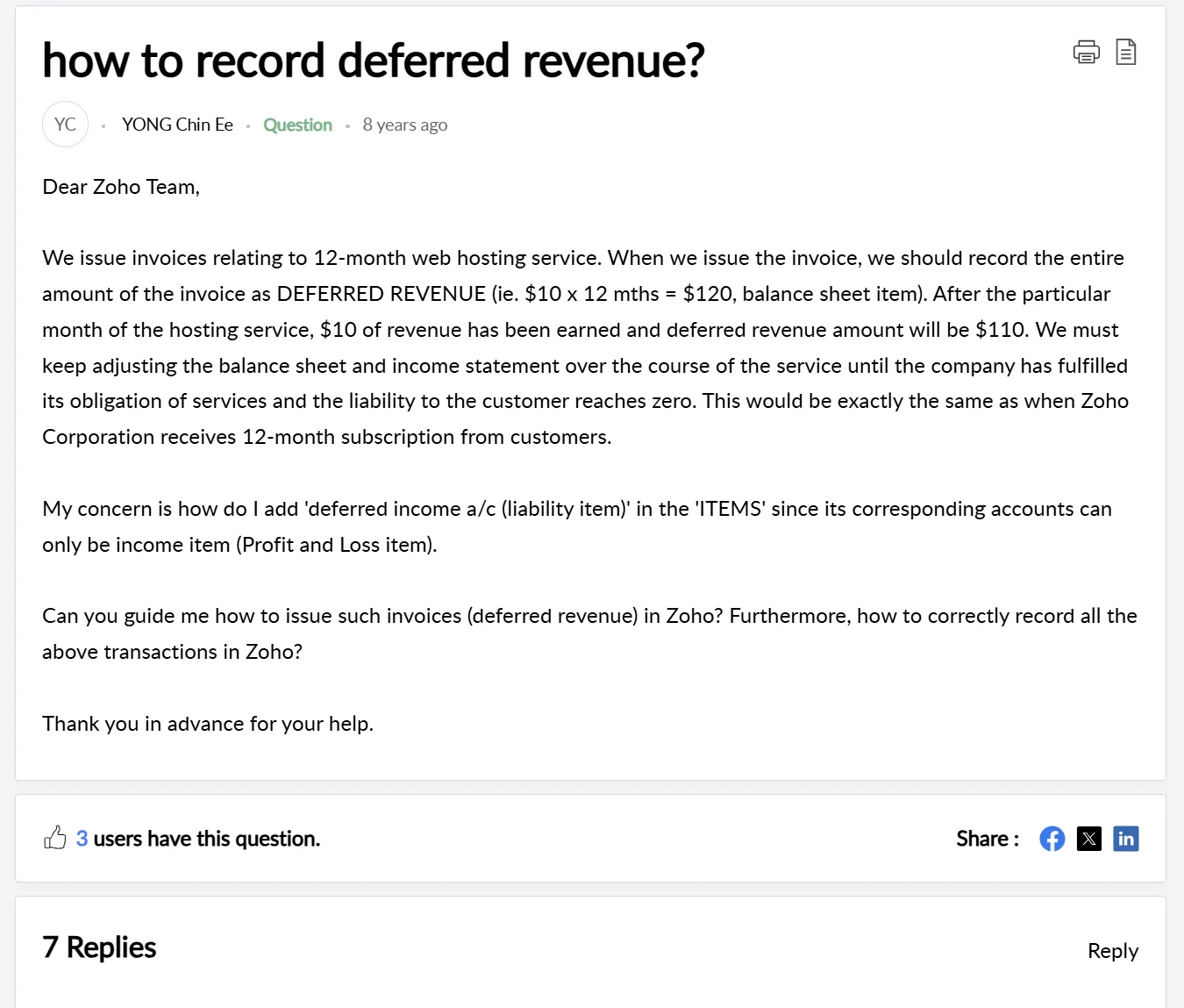 Forum question on how to record deferred revenue in Zoho with example of 12-month subscription invoice accounting.