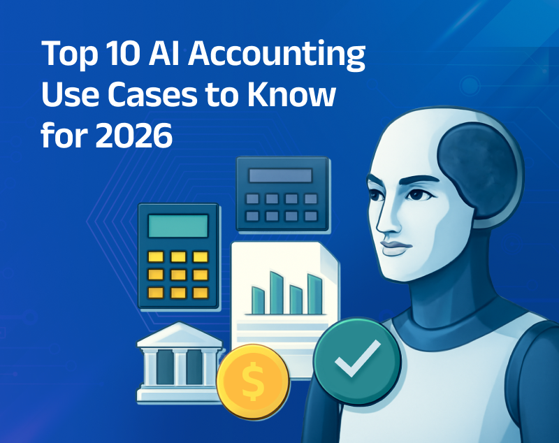 AI-powered infographic illustrating the top 10 accounting use cases for 2026 with a robot and financial symbols.
