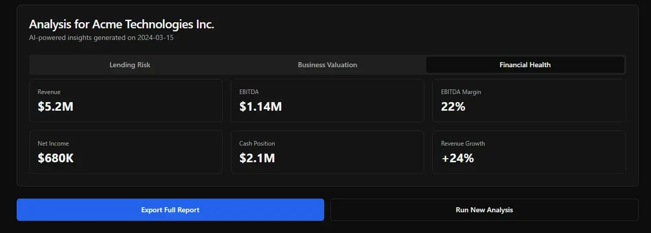 AI-powered financial health analysis with revenue, EBITDA, net income, cash position, and revenue growth for business valuation.