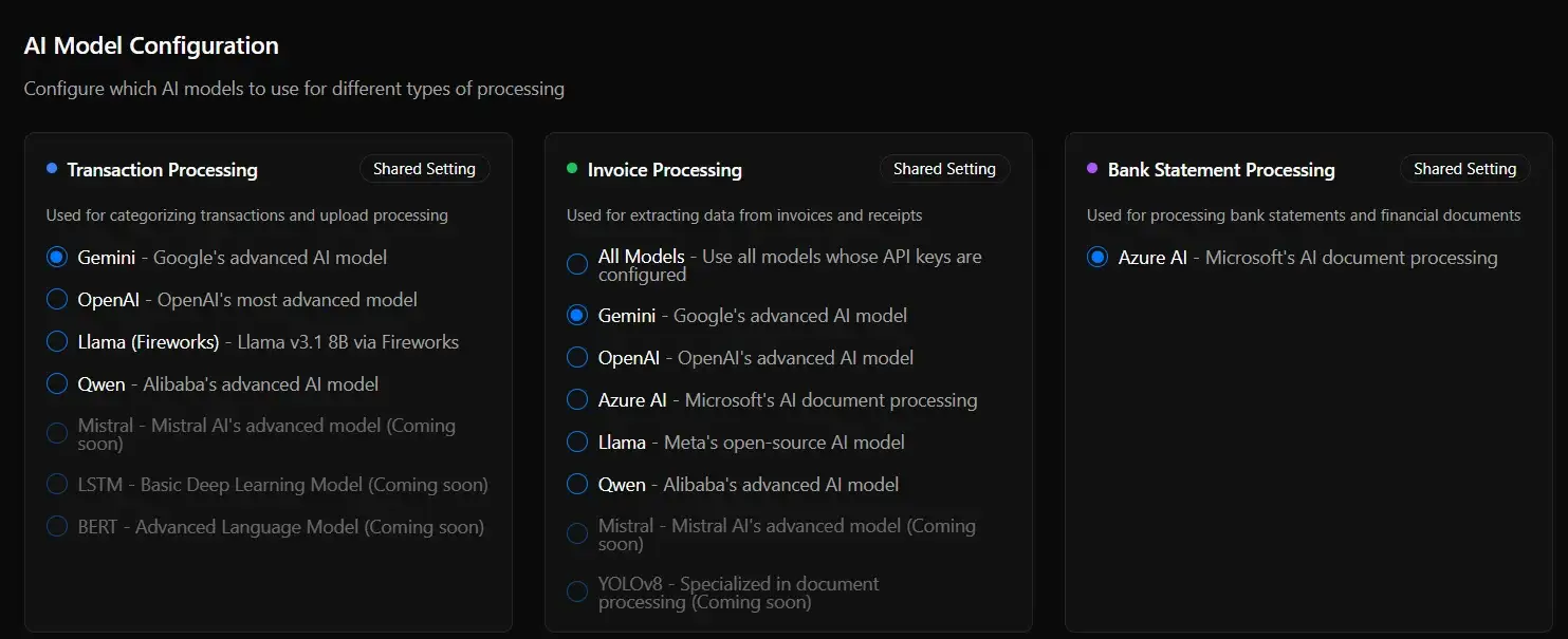 AI model configuration screen for transaction, invoice, and bank statement processing.