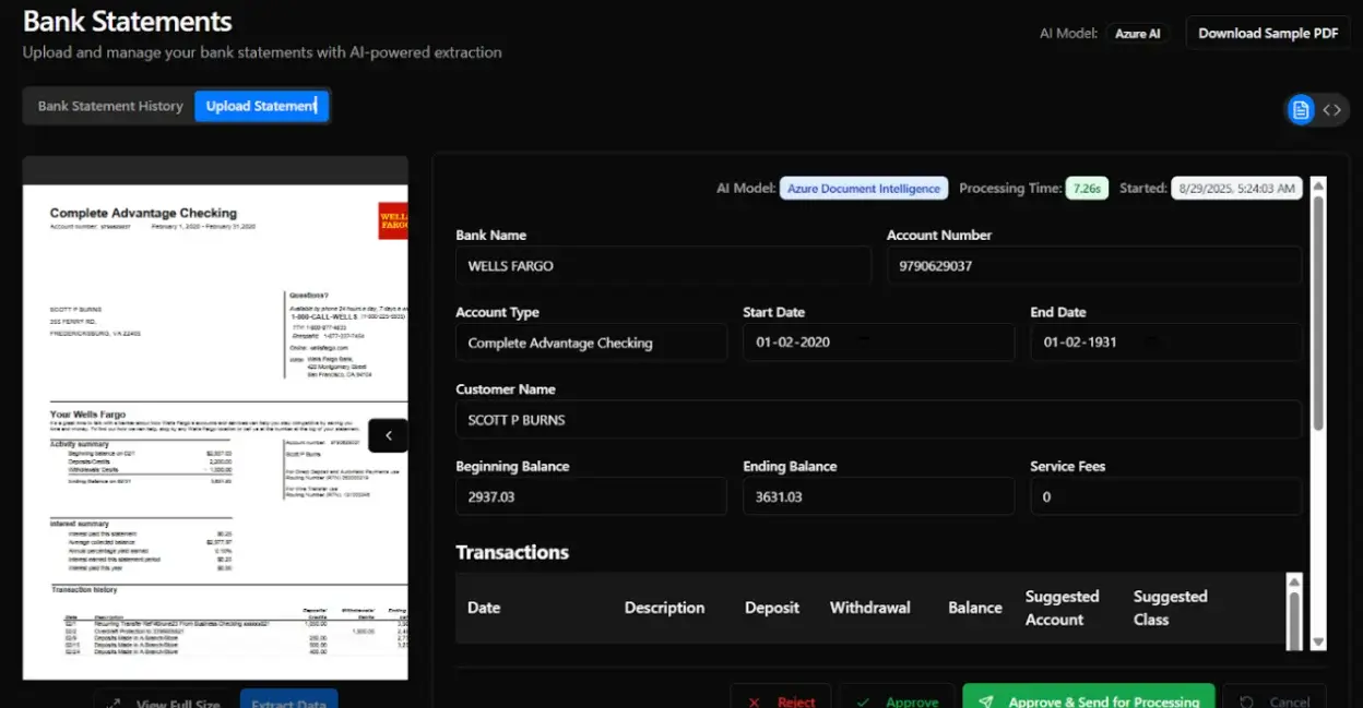 AI-powered bank statement extraction dashboard automatically capturing financial data, balances, and transactions