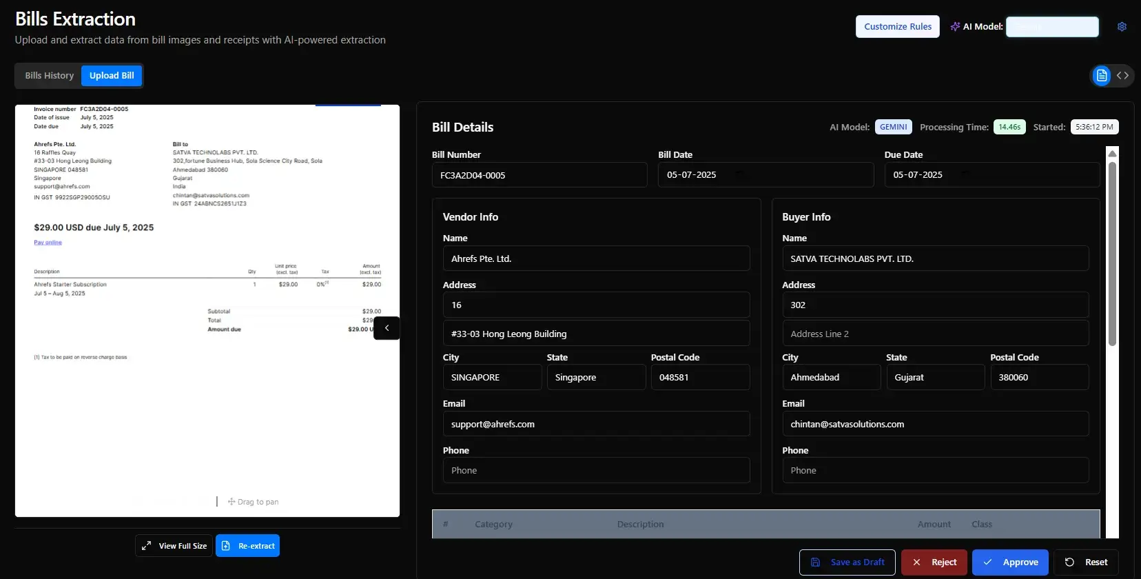 AI-powered bill extraction dashboard automatically capturing vendor, buyer, and invoice details from uploaded receipts
