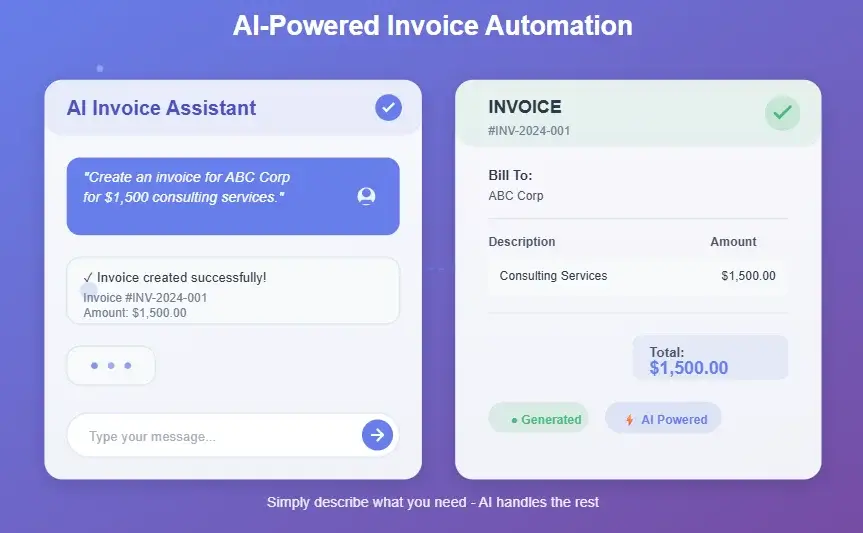 AI-powered invoice automation system creating invoices instantly using natural language input for smart billing management