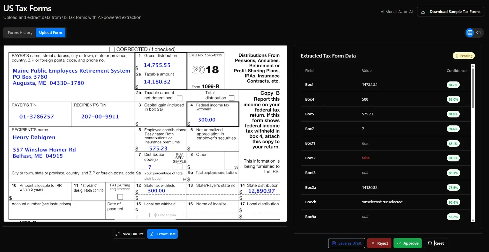 AI-powered US tax form extraction dashboard automatically reading 1099-R details, values, and confidence levels