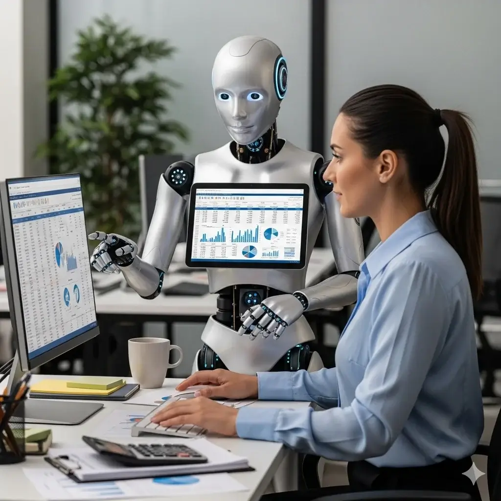 AI-powered robot assisting business professional with data analysis and automation for smart financial decision making
