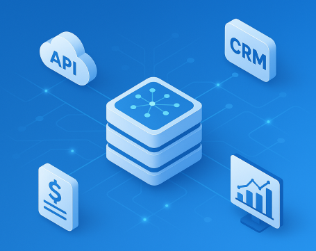 API and CRM data integration with financial analytics dashboard showing connected cloud-based business systems.