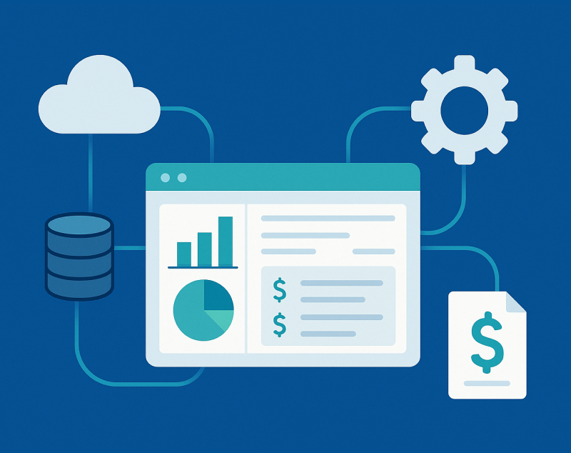 Illustration showing cloud accounting system integration with database, automation gear, and financial dashboard analytics.