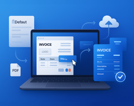 Modern digital invoice management system illustration showing online billing, cloud synchronization, and PDF export features.