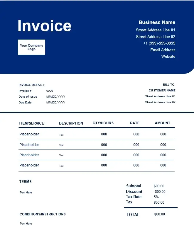 Professional invoice template design with company logo, billing details, itemized services, tax summary, and total amount section.