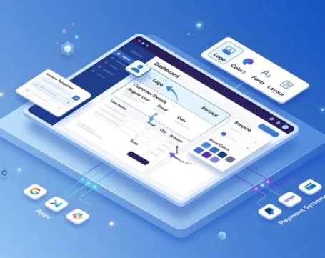 Custom invoice dashboard design with branding, client details, and integration with payment systems and apps for automated billing workflow