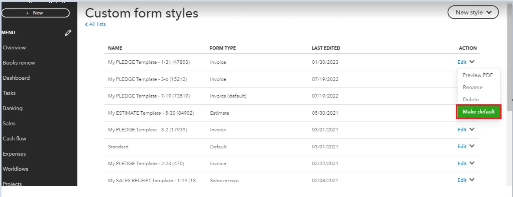 QuickBooks custom form styles dashboard showing invoice templates and option to make a template default for invoicing.