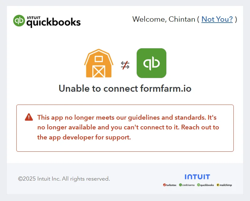 QuickBooks connection error message showing formfarm.io app disabled for not meeting Intuit guidelines and support notice.