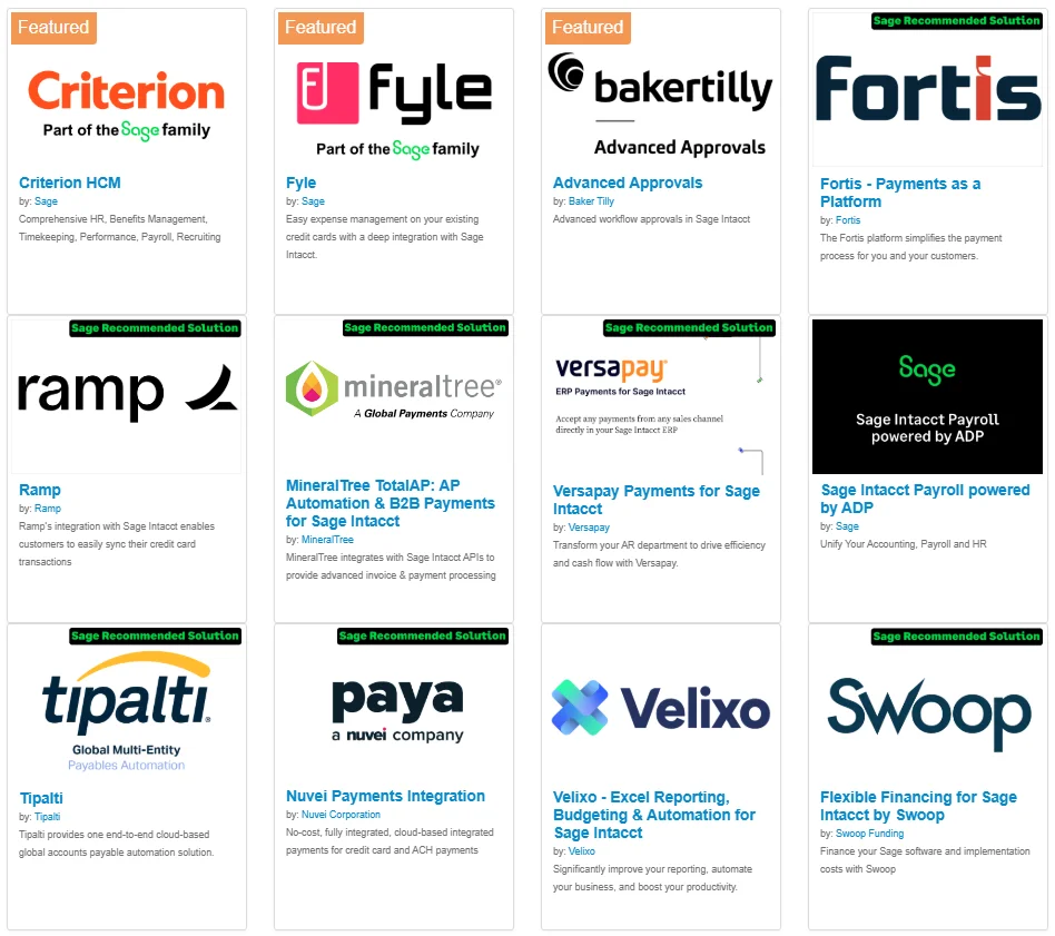 Top Sage Intacct integrations and recommended solutions including Fyle, Tipalti, Ramp, MineralTree, Versapay, and Fortis.