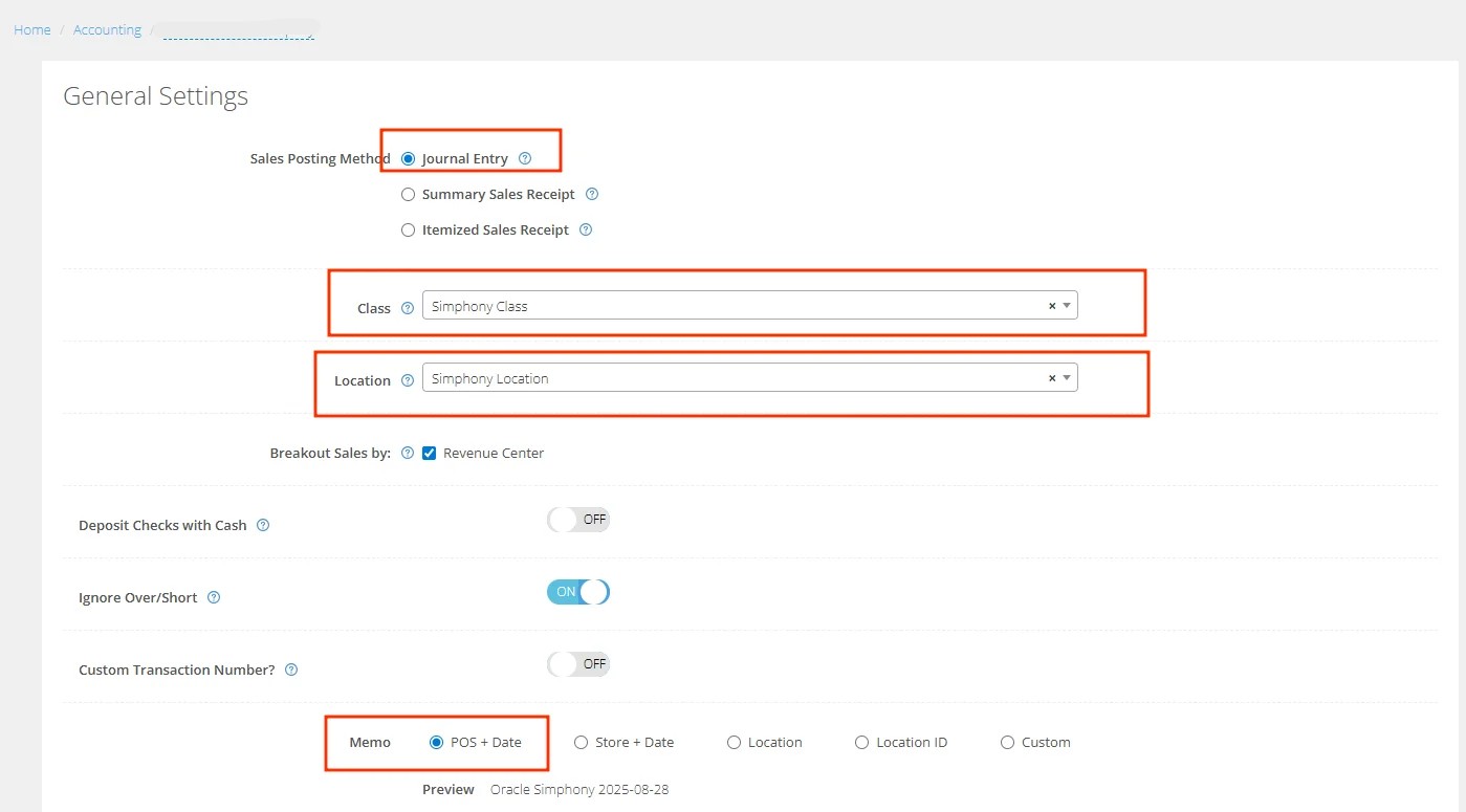 General settings screen showing sales posting method, class, location, and memo configuration in accounting dashboard.
