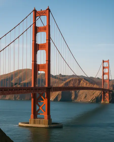 Golden Gate Bridge spanning across the San Francisco Bay during daylight with clear skies and surrounding hills.
