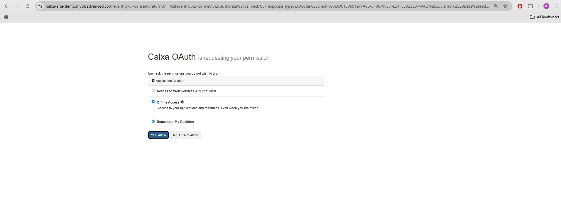 Calxa OAuth permission screen showing application access, web services API access, and offline access options