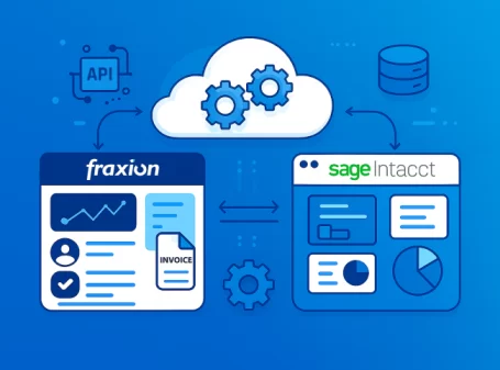 Fraxion and Sage Intacct integration showing cloud-based automated procurement, invoice processing, and financial data synchronization.