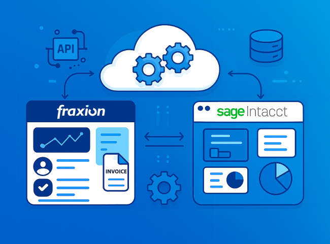 Fraxion and Sage Intacct integration showing cloud-based automated procurement, invoice processing, and financial data synchronization.