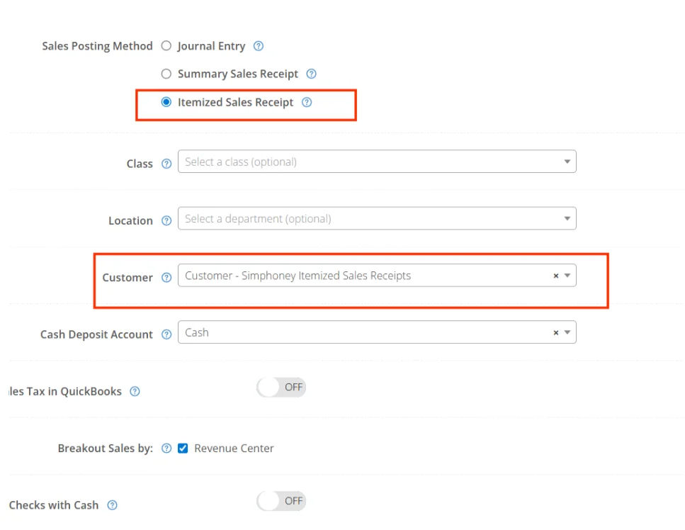 General Settings screen with Itemized Sales Receipt selected and customer set to Simphoney Itemized Sales Receipts for QuickBooks sync.