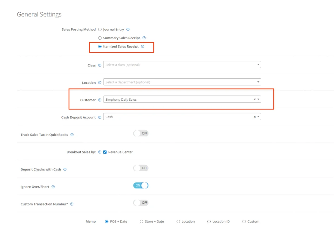 General Settings screen with Itemized Sales Receipt selected and Symphony Daily Sales set as the customer for QuickBooks syncing.