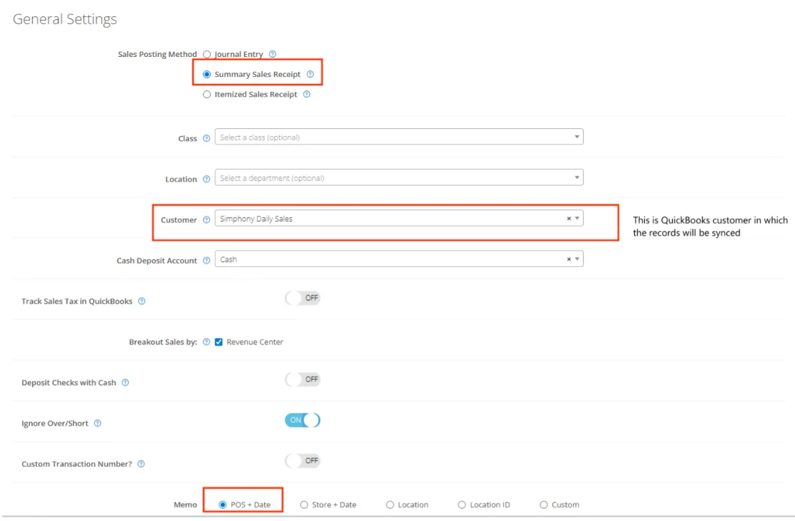 General Settings screen showing Summary Sales Receipt, Symphony Daily Sales customer selection, memo options and QuickBooks sync settings.