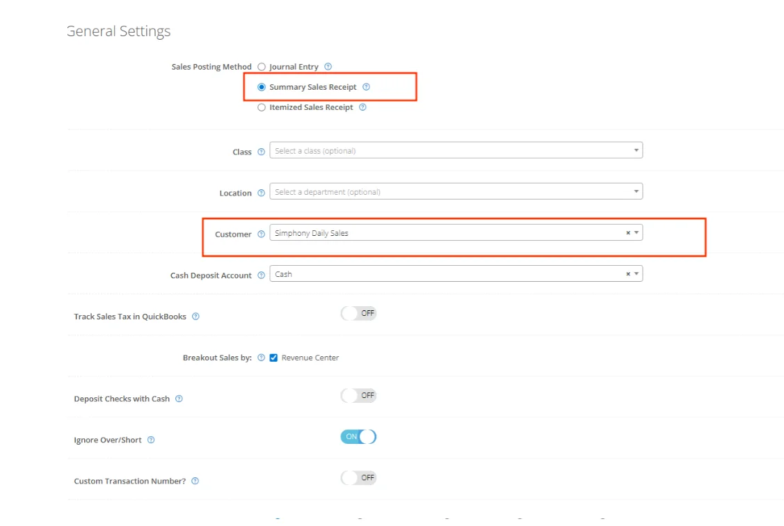General Settings screen showing selected Summary Sales Receipt option and Symphony Daily Sales customer field highlighted.