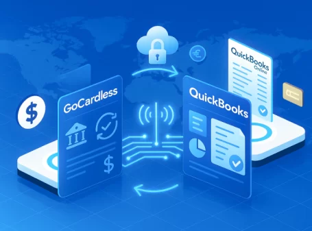 GoCardless and QuickBooks Online integration graphic showing secure cloud payment syncing, automated transactions, and data flow.