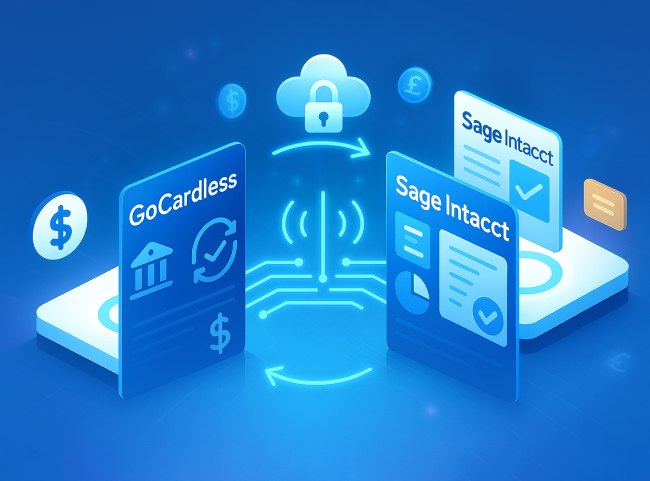 GoCardless and Sage Intacct integration illustration showing secure cloud payment syncing, automated transactions, and financial data flow.