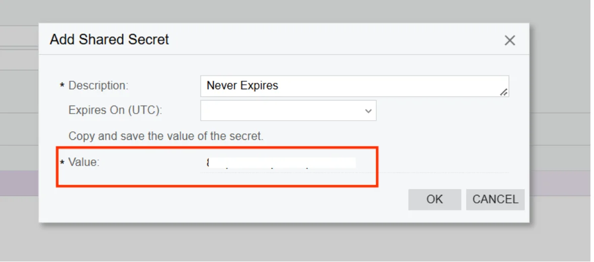 MYOB Add Shared Secret popup showing description, expiry settings, and generated secret value field for API authentication.