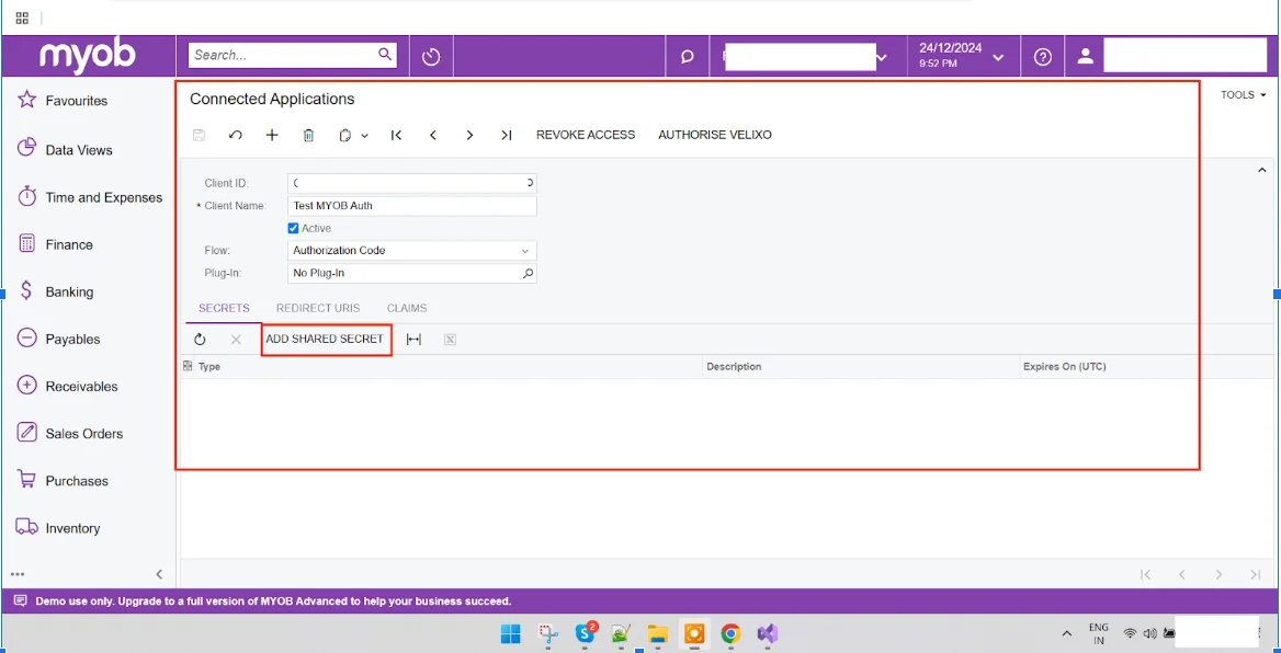 MYOB Connected Applications screen showing new client setup with Authorization Code flow and option to add shared secret.