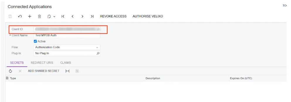 MYOB Connected Applications screen displaying generated client ID with active Authorization Code flow for integration setup.